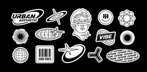 Poster - Y2K techno stickers pack of text quotes label collection (part 1). Aesthetic of retro futurism 2000s stickers with text. Black and white cyberpunk style elements