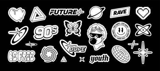 Perfect Y2K stickers pack of text quotes label collection (part 3). Aesthetic of retro futurism 2000s stickers with text. Black and white cyberpunk style elements