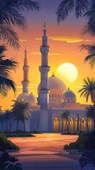 Wall Mural - luxurious and magnificent mosque building, with a large and beautiful garden, with a beautiful view of the sunset in the afternoon