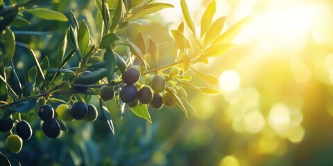 Olive tree detail showcases ripe olives growing on a tree, highlighted by the sun s rays, emphasizing the beauty of olives on a sunny day with vibrant greenery surrounding the olive tree.