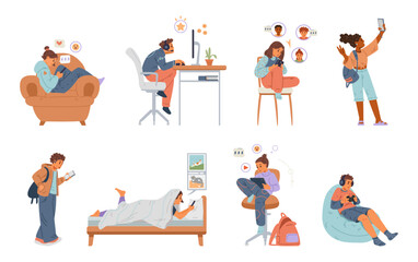 teenagers using gadgets flat vector illustrations set. children using smartphones, tablets, gamepad,