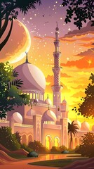 Wall Mural - luxurious and magnificent mosque building, with a large and beautiful garden, with a beautiful view of the sunset in the afternoon