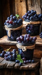 Canvas Print - Three jars of fresh, dark grapes on rustic wood.