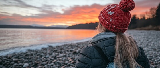 Wall Mural - A person stands on a rocky beach, wearing a cozy red hat, admiring a vibrant sunset reflecting on the water as evening sets in, surrounded by natural beauty