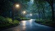 © Galaxyd - Winding path in misty night park with lights.