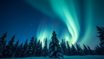 Aurora borealis. Northern lights in winter forest. Sky with polar lights and stars