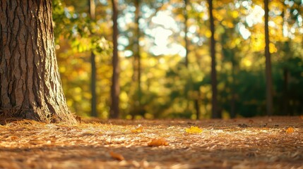 Wall Mural - Autumn forest concept. A serene forest scene featuring a majestic tree amidst golden autumn leaves.