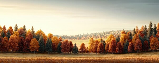 Wall Mural - Autumn forest concept. A serene autumn landscape showcasing vibrant trees and a peaceful atmosphere.