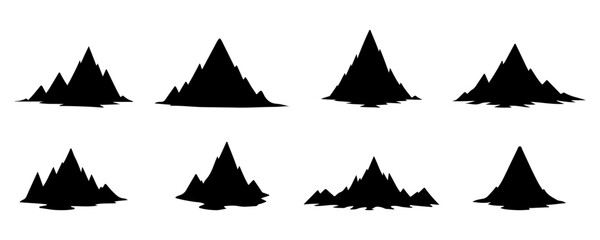 A set of black simple mountain silhouettes in a white background.