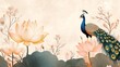 95.An Indian art-inspired frame with lotus flowers, a single peacock, and delicate marigold branches, illustrated in a minimalistic Mughal style with a soft pastel color scheme.
