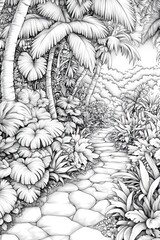 Wall Mural - A winding stone pathway invites exploration through vibrant tropical plants and palm trees, creating a tranquil atmosphere in a lush environment