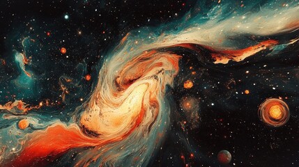 Wall Mural - Cosmic abstract visuals with starbursts and swirling galaxies. Generative AI
