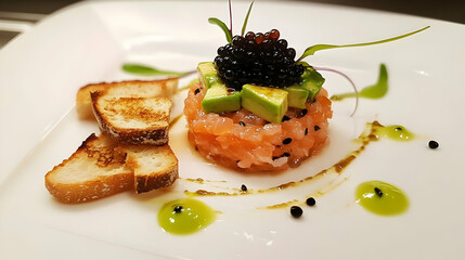 Wall Mural - Salmon Tartare with Avocado and Caviar: A Culinary Delight