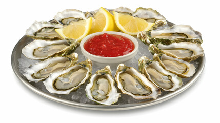 Wall Mural - Fresh Oysters on Ice with Lemon and Red Sauce