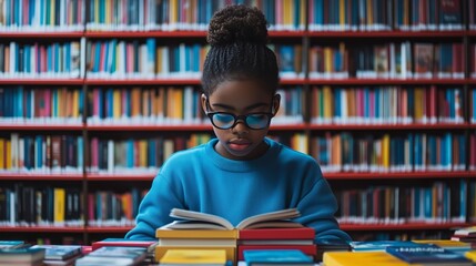 Curious young girl in glasses reading books in a colorful library