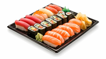 Wall Mural - A delectable platter of assorted sushi, featuring fresh salmon, tuna, and other exquisite ingredients.