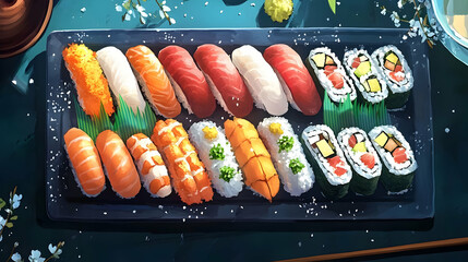 Wall Mural - A delectable platter of assorted sushi, showcasing a vibrant array of nigiri, sashimi, and maki rolls.