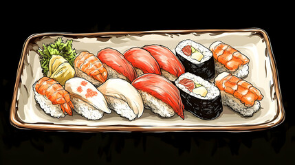 Wall Mural - A delectable platter of assorted sushi, showcasing the artistry of Japanese cuisine.