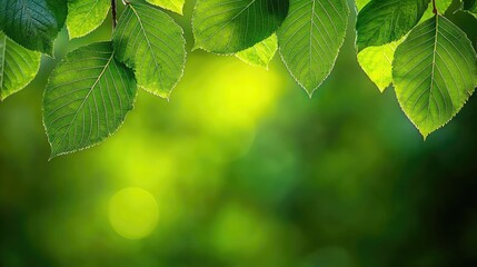 Wall Mural - Blurred bokeh idea. Vibrant green leaves with blurred natural background for a refreshing vibe.