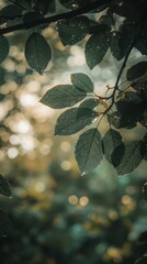 Wall Mural - Morning light filters through lush green leaves, displaying droplets of dew and creating a serene atmosphere in the forest, highlighting nature's tranquility