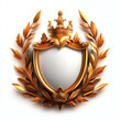 © Alex - Ornate golden emblem with laurel leaves, empty shield for branding or design purposes, isolated on a white background.