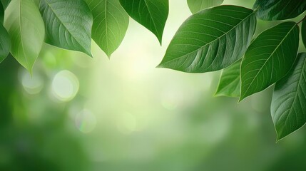 Wall Mural - Blurred bokeh idea. Vibrant green leaves against a soft blurred background, symbolizing nature's beauty.