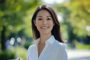 Wall Mural - A woman with long hair and a white shirt is smiling