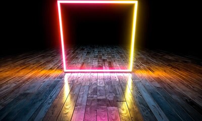Poster - Glowing Neon Square Frame on Wooden Floor