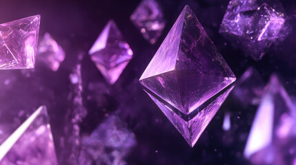 Poster - deep purple crystals floating in an abstract cosmic space with a mystical ambiance and glowing energ