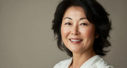 Wall Mural - A woman with a smile on her face is wearing a white shirt