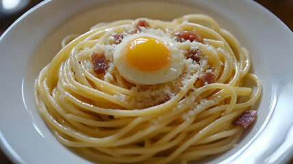 Wall Mural - Spaghetti Carbonara with a Fried Egg: A Delicious Italian Pasta Recipe