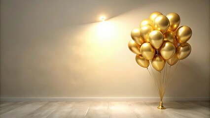 Wall Mural - A cluster of golden balloons rests on a light wood floor against a beige wall, illuminated by a single overhead light.