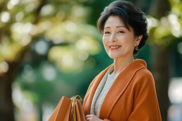 Wall Mural - A woman in an orange coat is smiling and holding shopping bags