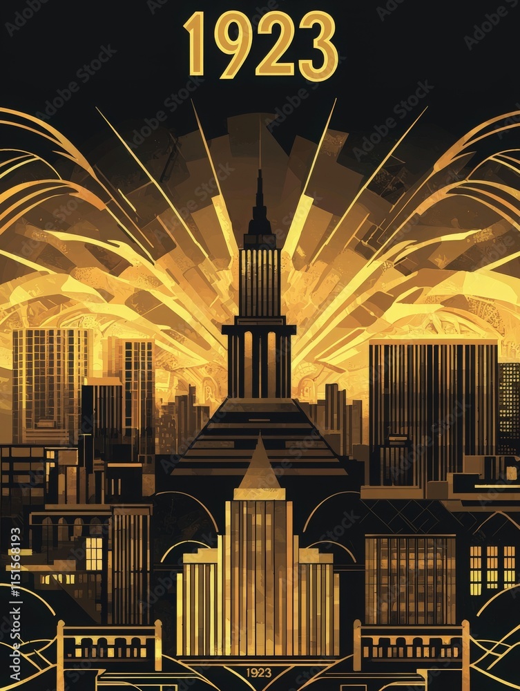 A dazzling illustration of a city skyline from 1923, emphasizing a prominent tower.