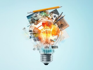 Poster - Colorful light bulb idea for education in classroom setting with textbooks and learning icons
