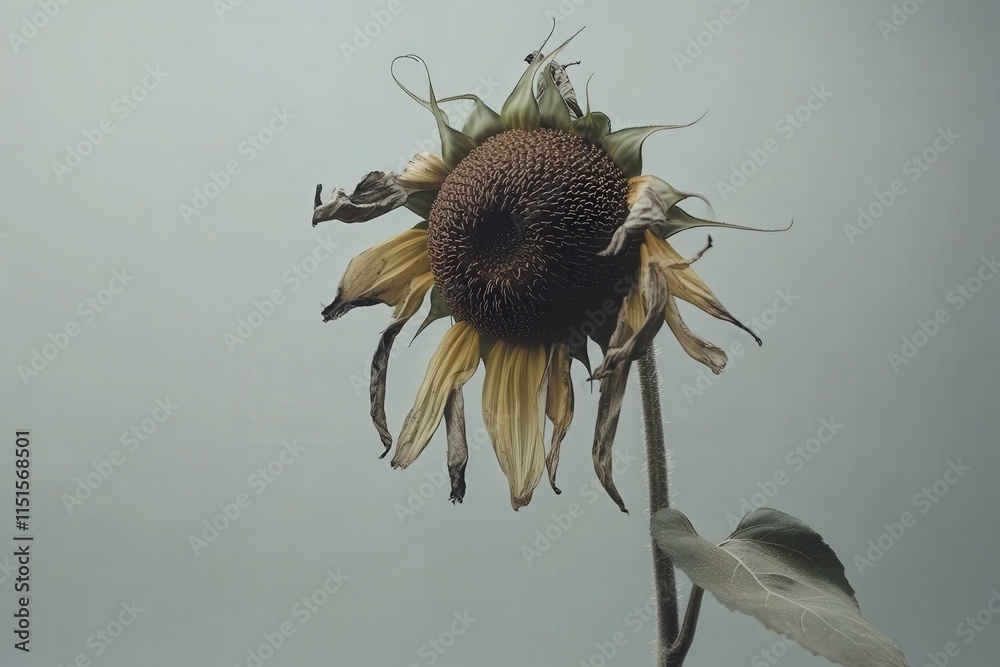 A dried sunflower stands alone, its wilted petals drooping and its head slightly bent.