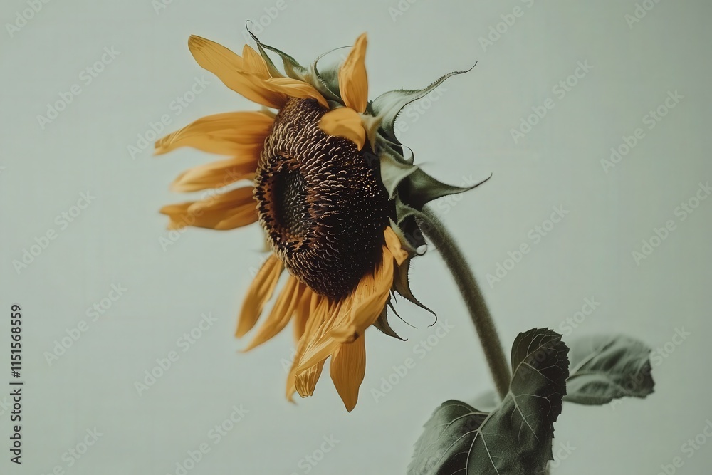 A single sunflower stands tall, showcasing its bright yellow petals and intricate brown center. The green leaves support the stem, creating a striking contrast against the light background.