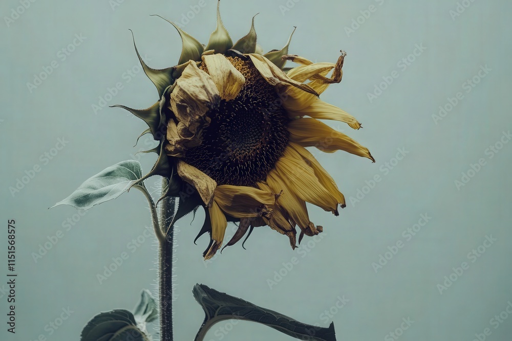 A single sunflower leans gracefully to one side, showing signs of wilting with curled petals and a darkened center. The soft light highlights its fragile beauty against a muted background.