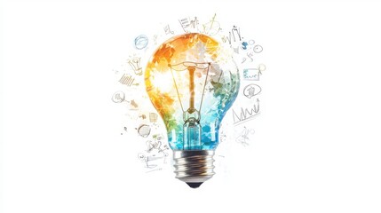 Poster - Creative business insights colorful light bulb with doodles illustrating success white background vibrant colors