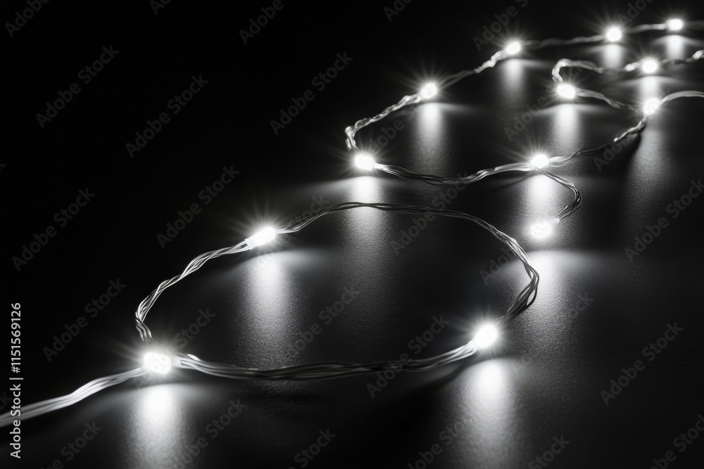 A series of small, bright lights are arranged along a thin wire, casting a warm glow in a dark environment. This minimalist design creates a peaceful and enchanting atmosphere.