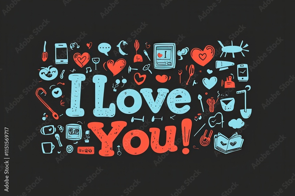 A vibrant graphic design showcases the phrase I Love You in bold letters surrounded by a variety of colorful symbols, including hearts, music notes, and playful icons.