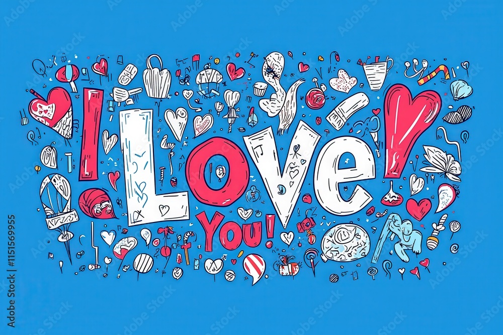 A vibrant and playful design showcases the words I Love You surrounded by various hearts and doodles on a bright blue backdrop. This artwork radiates warmth and affection.