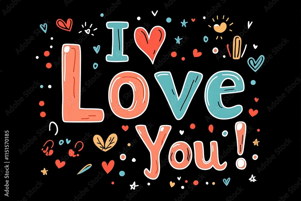 Fun and vibrant artwork showcases the phrase I Love You surrounded by hearts and playful doodles in a variety of colors. Perfect for expressing emotions on special occasions.