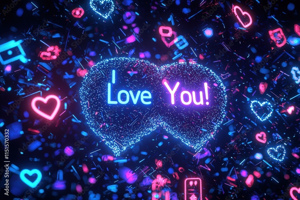 Colorful neon hearts and symbols create a vibrant display with the text I Love You at the center. This lively composition evokes feelings of affection in a digital environment.