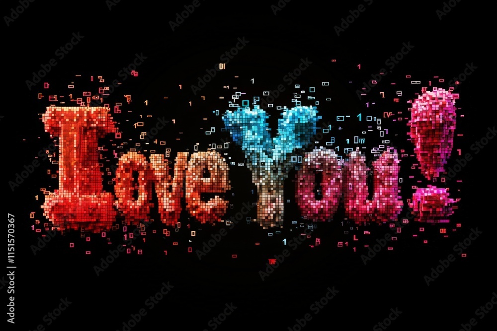A dynamic arrangement of pixels forms the words Love You! in bright colors against a black background. The vibrant hues create an engaging visual expression of affection and warmth.