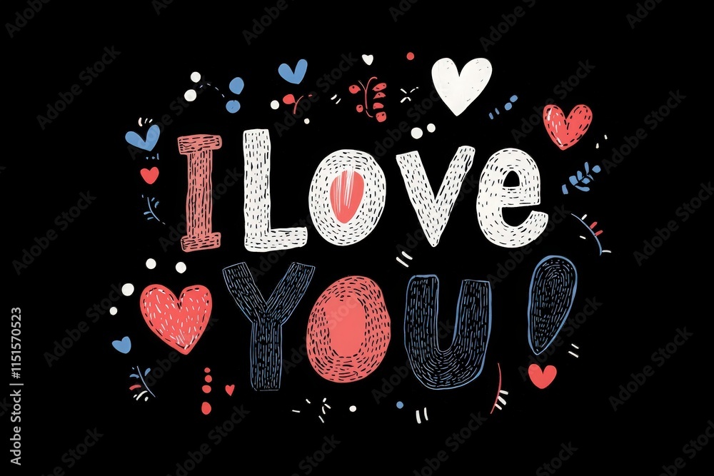 Bright letters spell out a heartfelt message of love set against a dark background, adorned with various colorful hearts and decorative elements for a warm, romantic feel.