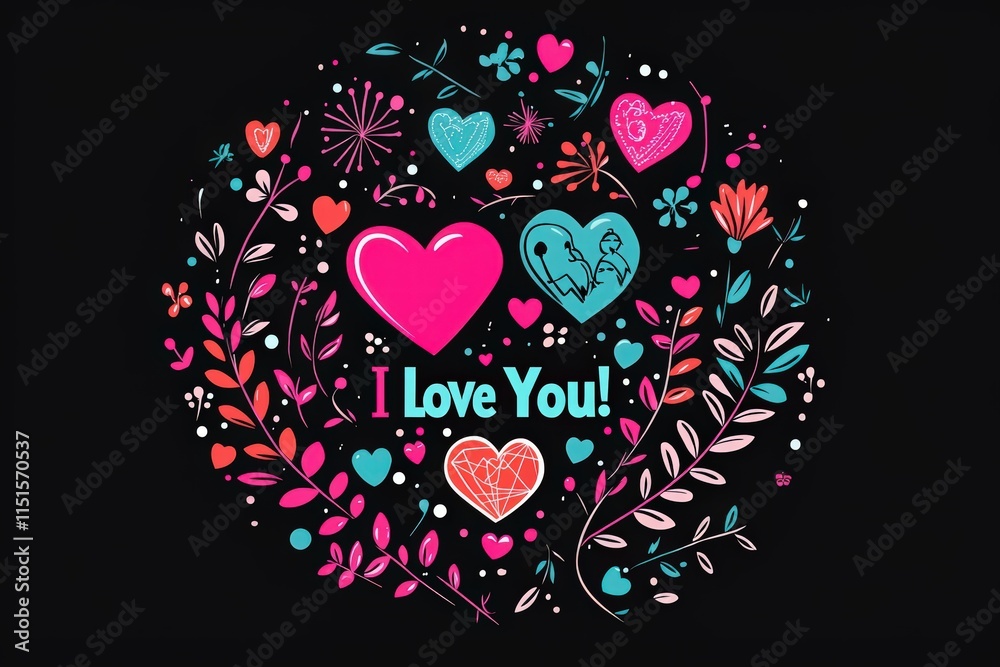 A vibrant display showcases intertwined hearts and flowers, featuring the message I Love You prominently at the center. This artwork conveys warmth and affection.