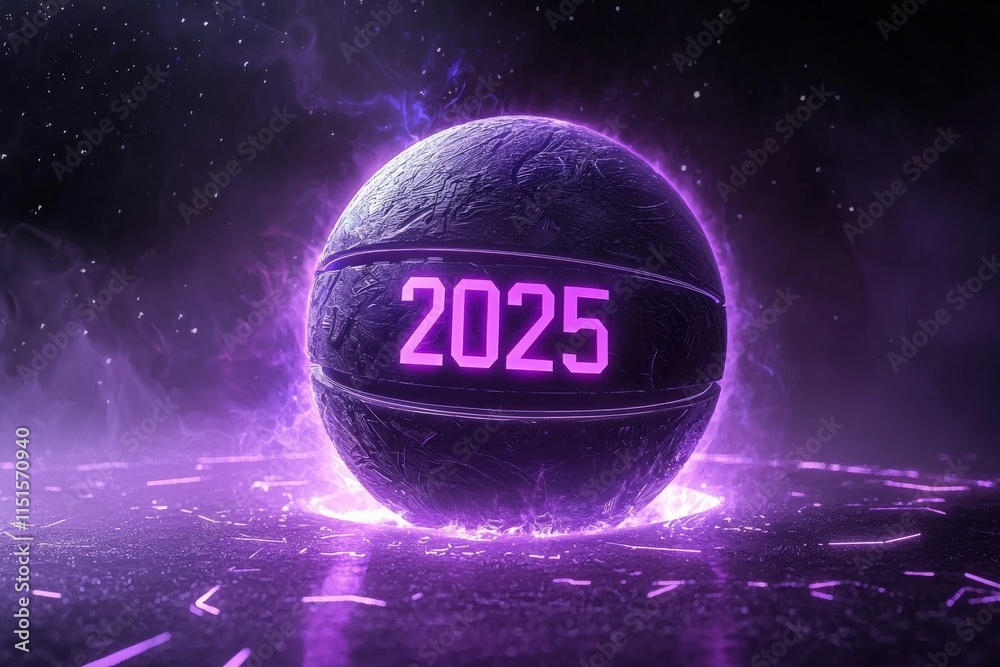 A basketball featuring the year 2025 is illuminated in a vibrant purple light against a cosmic background. The scene evokes a futuristic and energetic vibe, perfect for sports enthusiasts.