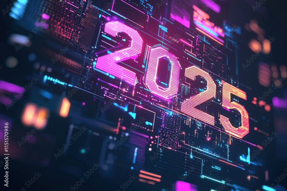 A vibrant digital representation of the year 2025 is showcased in neon colors. The background features a complex, abstract design that resembles modern technology, creating an energetic atmosphere.