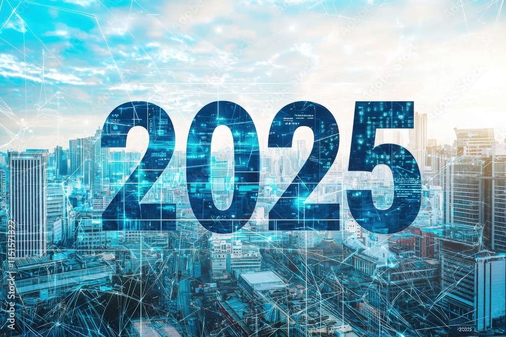 The vibrant skyline highlights city buildings and urban life, with a digital overlay displaying the year 2025. Clear skies add a modern touch to this forward-looking perspective.